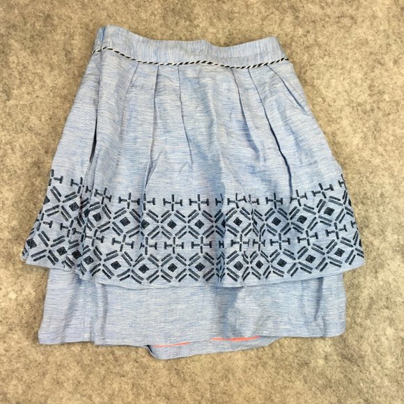 Anthropologie Odille Skirt 4 Blue Linen Blend Layered Embroidered A Line Knee - Picture 14 of 15